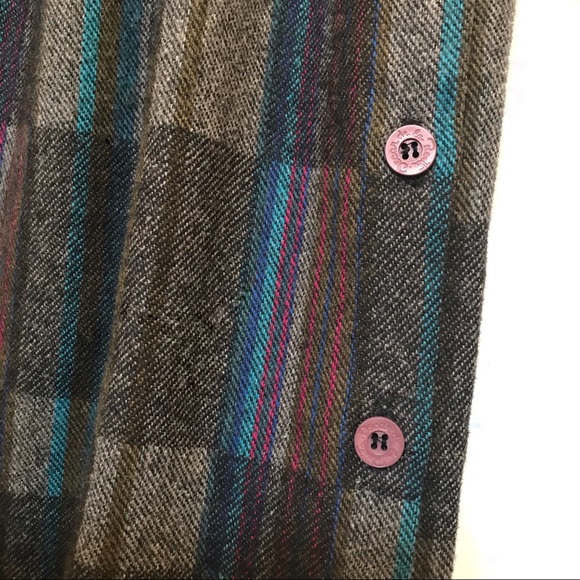 Vintage Oscar de la Renta black grey blue plaid wool button down midi skirt - Picture 4 of 8